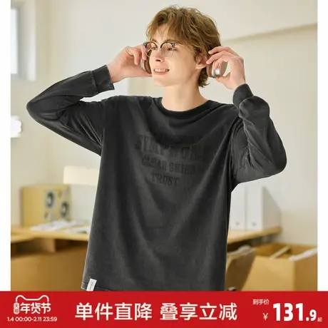 唐狮2026春季新款男圆领长袖T恤水洗黑色外穿打底衣痞帅潮流上衣图片