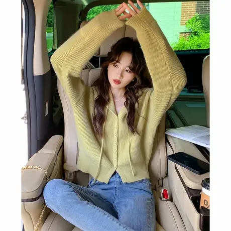 唐狮秋冬休闲风纽扣设计连帽针织开衫女春秋外套高级感毛衣女tu图片