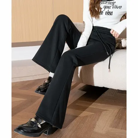 唐狮冬季新款女休闲裤加绒喇叭裤显瘦黑色运动裤子卫裤高腰WTD图片