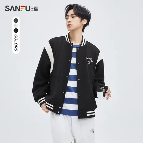 三福2023冬男士美式字母刺绣棒球短棉衣 休闲华夫格外套473020商品大图