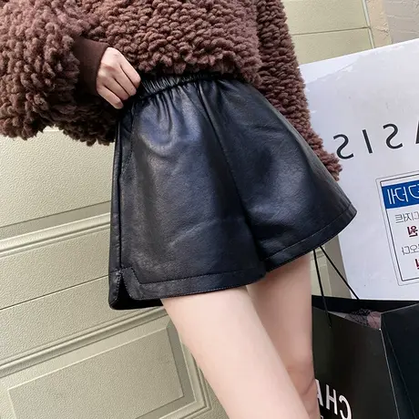 黑色PU皮短裤女外穿春秋季2023新款宽松高腰显瘦阔腿超短裤ins潮图片