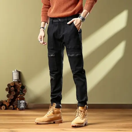 休闲小直筒牛仔裤破洞印花男士时尚潮流修身百搭潮流男款牛仔裤子图片