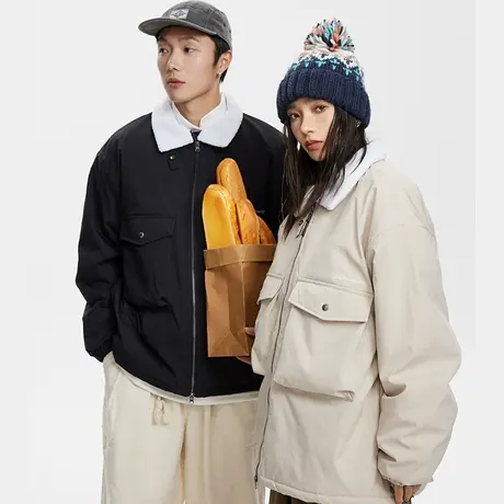 美式复古拼接棉服女冬季加厚工装外套2023新款情侣装潮牌宽松棉衣商品大图