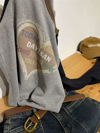 加厚德绒磨毛感 插肩袖t恤女撞色圆领显瘦休闲长袖上衣秋冬款商品大图