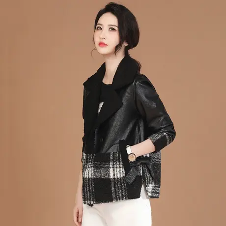 新品8.5折】高级感西装领拼接皮衣外套女时尚百搭加绒夹克图片
