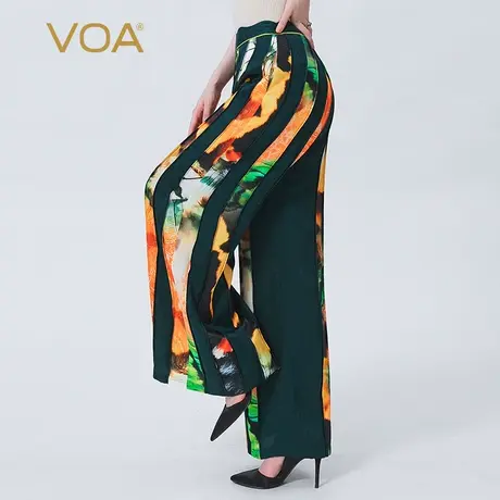 VOA真丝提花自然腰孔雀绿色印花褶皱撞料拼接大摆桑蚕丝阔腿裤商品大图