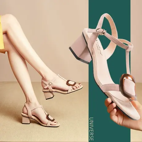 夏季新款真皮中高跟粗跟露趾凉鞋女夏天扣带粉色舒适时尚女鞋商品大图