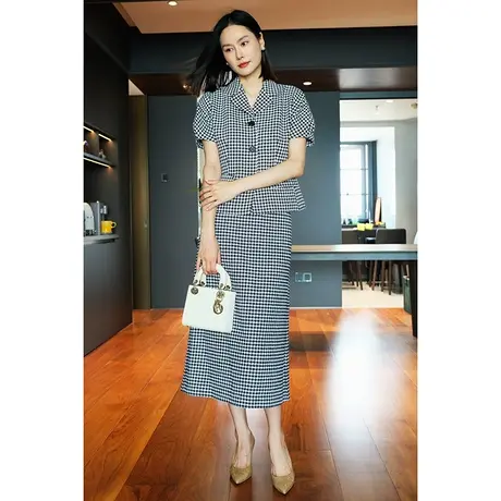 2023秋冬新款女装D+复古千鸟格纹图案泡泡袖短款女士小外套上衣图片