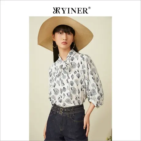 YINER音儿专柜女装2022夏季新款七分袖蝴蝶结薄款上衣桑蚕丝衬衫商品大图