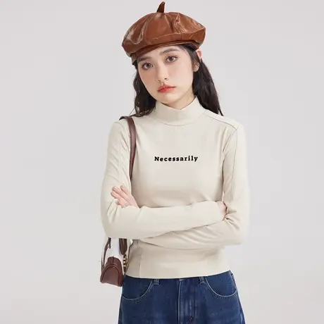 尔给显瘦修身长袖加厚植绒高领打底衫女秋冬2023新款短款内搭上衣商品大图