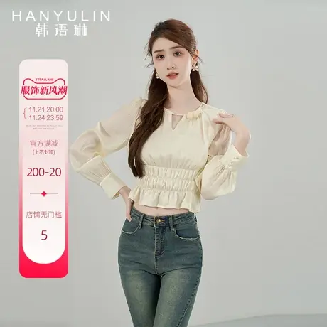 韩语琳长袖衬衫女2024新款设计感小众春秋法式高级感收腰小衫上衣图片