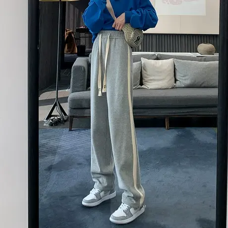 美式灰色加绒运动裤女春秋2024新款宽松阔腿裤子直筒休闲卫裤商品大图