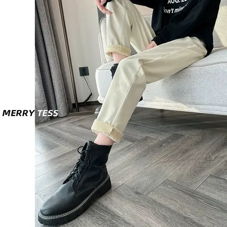 米白哈伦牛仔裤女设计感2023年秋冬季新款小个子显高百搭老爹裤子商品大图