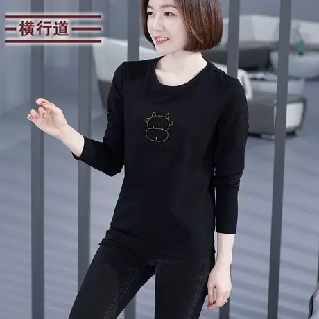 春装长袖t恤女装圆领打底衫宽松纯色2024上衣服韩版大码体恤百搭图片