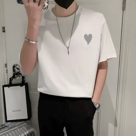 夏季男士t恤短袖半袖宽松潮流潮牌时尚休闲纯色爱心学生情侣体恤商品大图
