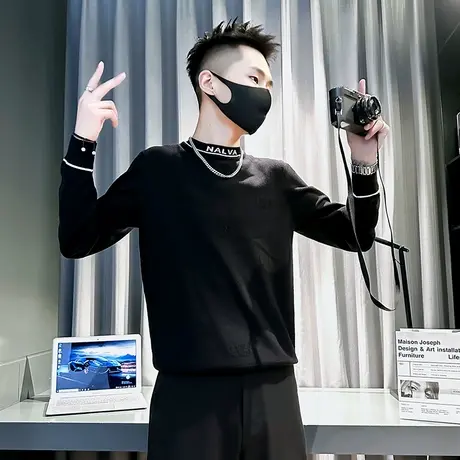 秋冬季2023轻熟字母提花半高领针织毛衣男ins韩版修身内搭线衣t恤商品大图