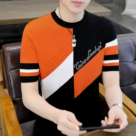 夏装短袖潮牌冰丝t恤男新款韩版烫钻衣服男生个性帅气拼色体恤衫图片