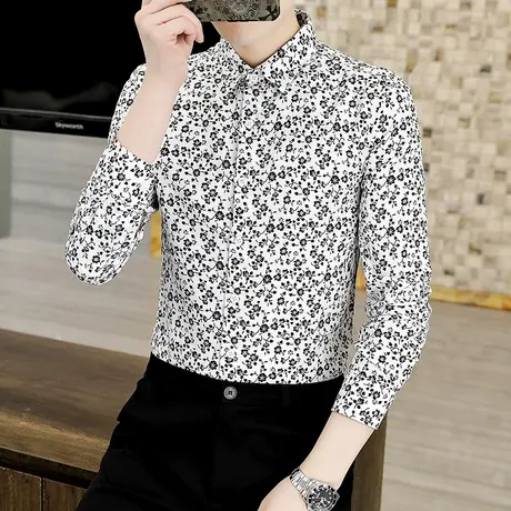 秋冬季加绒加厚衬衫男士潮流韩版保暖衬衣痞帅春装长袖修身花寸衫商品大图
