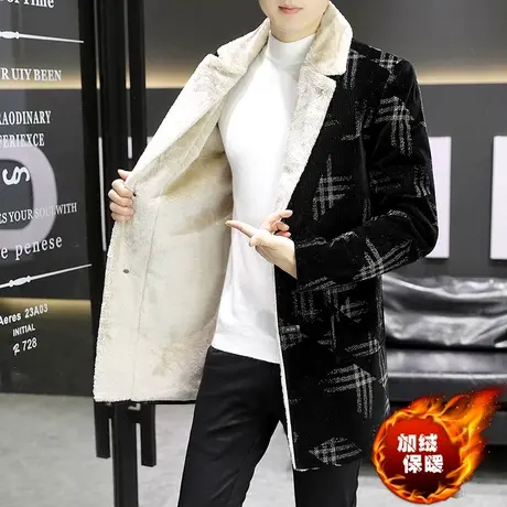 男士加绒加厚中长款外套潮冬季仿羊羔毛领西装风衣保暖灯芯绒大衣商品大图