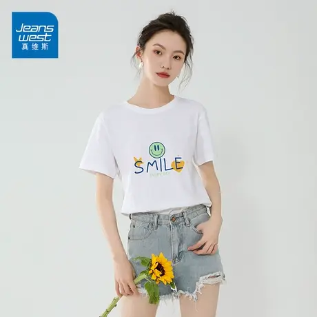 真维斯纯棉短袖女士2023夏季新款时尚印花潮insT恤女休闲宽松商品大图