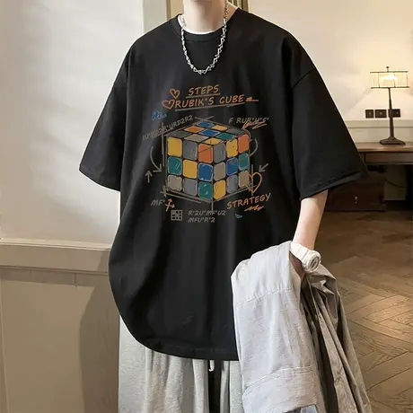 纯棉魔方印花短袖男夏季新款休闲宽松半袖t恤青少年百搭潮流体恤T商品大图