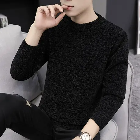 秋冬季雪尼尔纯黑色圆领毛衣男士韩版青年修身打底百搭针织衫线衣商品大图
