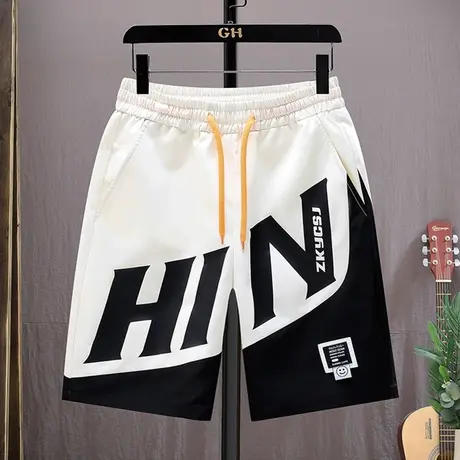 短裤男夏季宽松潮流运动五分裤直筒拼色印花沙滩裤冰感休闲裤子男商品大图