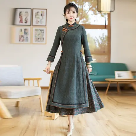 筠雅长款改良旗袍年轻款少女长袖新款奥黛中式气质连衣裙 23J235图片