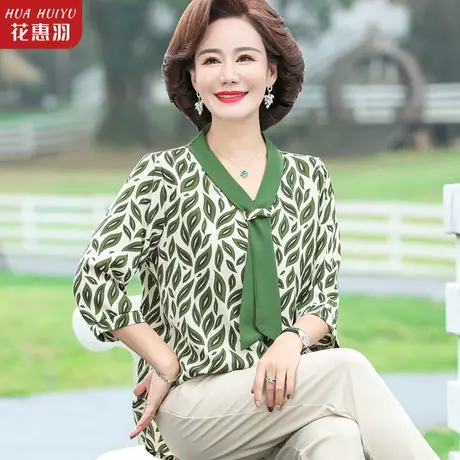 中年妇女妈妈上衣服中袖衬衫夏装中老年人女洋气小衫夏季系带衬衣商品大图