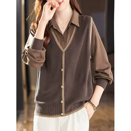 宝诗黎POLO领针织拼接假两件衬衫2024春季新款长袖套头衬衣女宽松商品大图