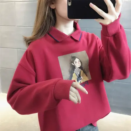 加绒加厚卫衣女学生秋冬季韩版宽松学院风套头外套POLO领减龄潮商品大图