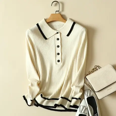 春装女士撞色小方领纽扣黑色针织衫2024新款套头毛衣修身打底衫女图片