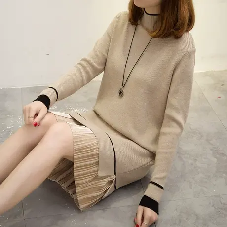 中长款半高领套头毛衣女秋冬季新款加厚打底针织衫韩版宽松毛衣裙图片