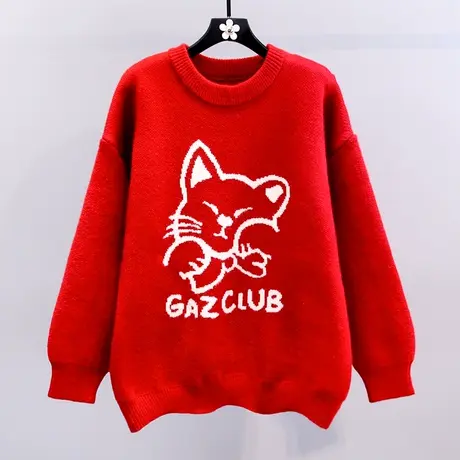 圣诞卡通红色毛衣女冬季2023新款宽松慵懒风软糯减龄小个子针织衫图片