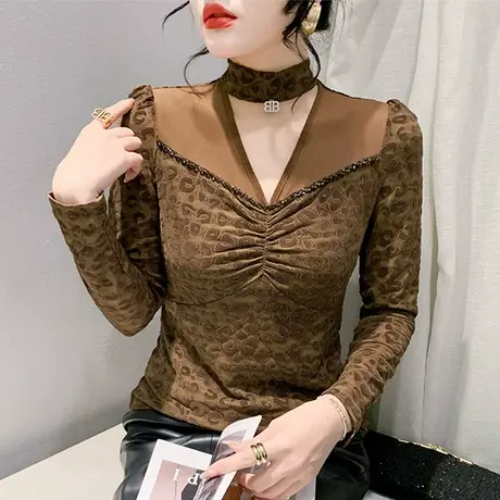 欧货复古烫钻拼接挂脖上衣性感网纱V领T恤女长袖洋气修身个性小衫商品大图