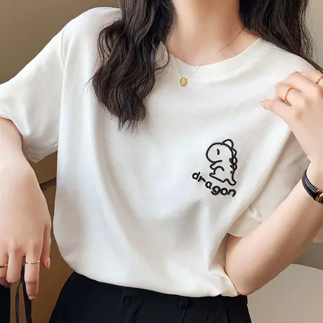 恐龙印花白色T恤女夏季宽松百搭纯棉短袖2023新款简约半袖上衣薄商品大图