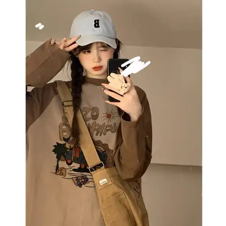 长袖打底衫女2023秋冬美式复古宽松新款拼色插肩袖t恤纯棉上衣服图片