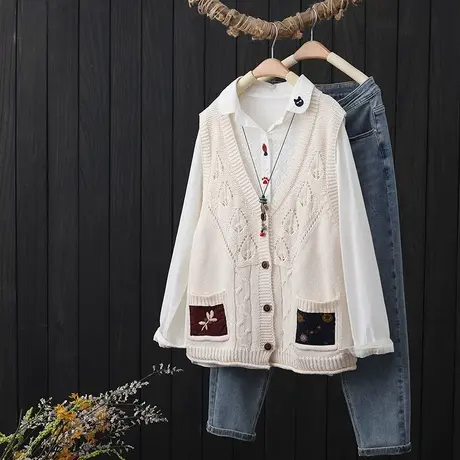 文艺复古2023新款贴布刺绣针织开衫马甲女春秋季宽松无袖马夹背心商品大图