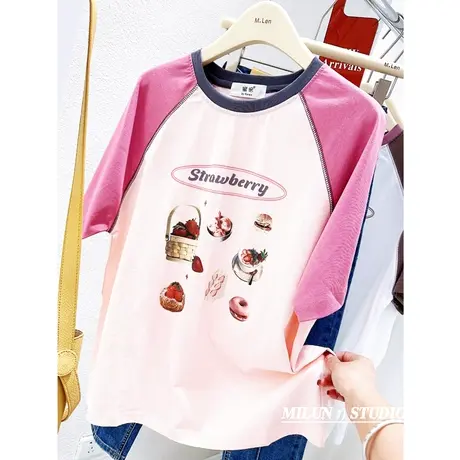 chic复古美式蛋糕插肩袖T恤2023夏新款小个子短袖上衣撞色t树莓粉图片