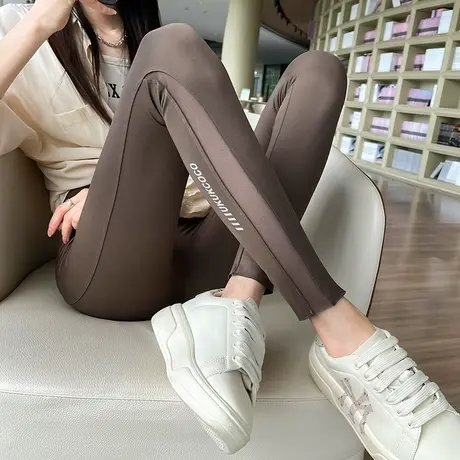 卡其色高腰外穿网纱鲨鱼裤女春秋新款九分打底收腹提臀瑜伽芭比裤商品大图