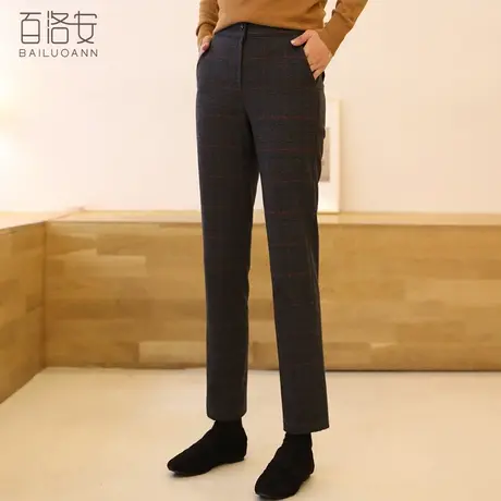百洛安高腰直筒裤女裤子春装新款韩版显瘦百搭长裤休闲格纹西装裤商品大图