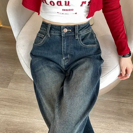 复古阔腿牛仔裤女秋冬新款大码做旧高腰宽松显瘦垂感直筒长裤子潮商品大图