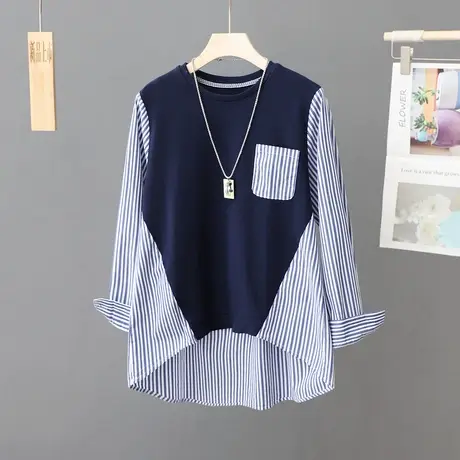 宽松女装假两件条纹拼接圆领长袖衬衫女时尚小众减龄上衣套头衬衣商品大图