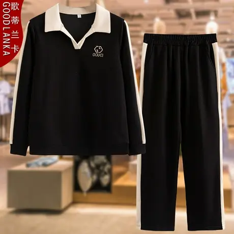 中年胖妈妈春秋休闲套装洋气大码时尚POLO领中老年长袖运动两件套图片