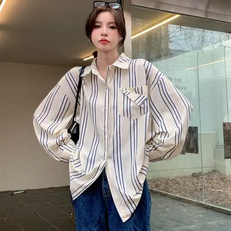 条纹衬衫女秋冬外穿宽松韩版设计感小众上衣法式别致长袖衬衣外套商品大图