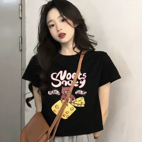 短款t恤女夏季薄款ins潮字母印花设计感小众高腰露脐修身短袖上衣商品大图