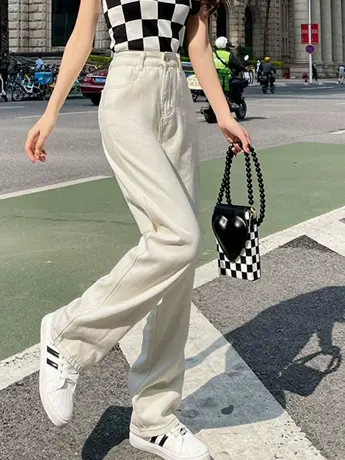 清仓米白色直筒牛仔裤女春装2023年新款高腰显瘦宽松阔腿裤图片