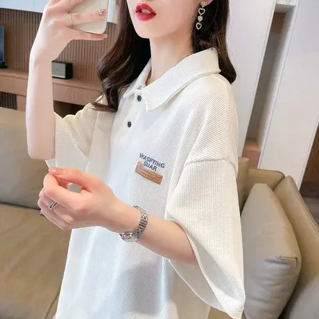 短袖t恤女2023新款夏季韩版宽松大码华夫格设计感翻领polo衫上衣图片