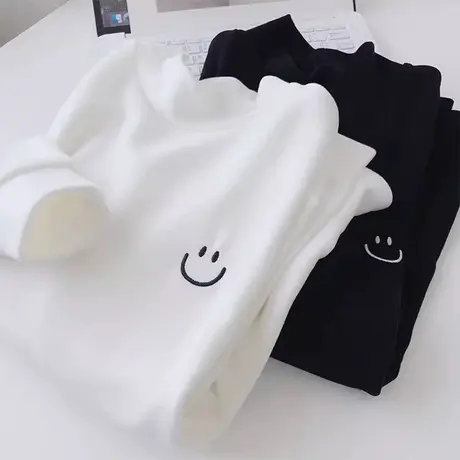 半高领德绒打底衫女内搭秋冬加绒加厚宽松韩版长袖T恤保暖上衣服商品大图