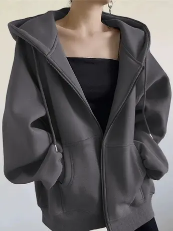 国潮纯色大码连帽外套女oversize宽松情侣装卫衣ins山东即墨上衣图片